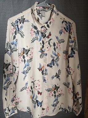 H&M Cream Button-Down Shirt with Blue & Pink Butterfly Print